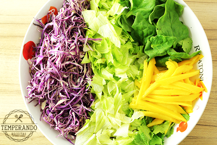 SALADA TROPICAL COM VINAGRETE DE LARANJA - alface, repolho roxo, manga, espinafre, coentro e um delicioso vinagrete de laranja para uma salada super deliciosa e nutritiva | temperando.com #salada #receita #dieta